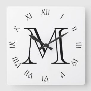 Reloj Cuadrado Monograma Black Script Números romanos en blanco w