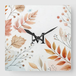 Reloj Cuadrado Monograma Caída hojas color pastel