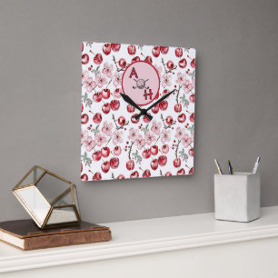 Reloj Cuadrado Monograma Cerezo Blossom Tema de golf personalizad