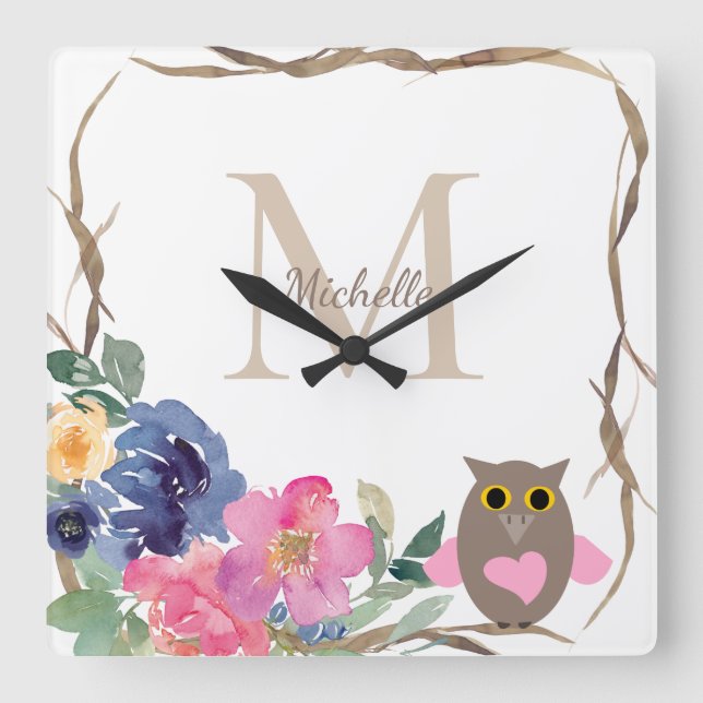 Reloj Cuadrado Monograma de color de agua floral de búho rosa del (Anverso)
