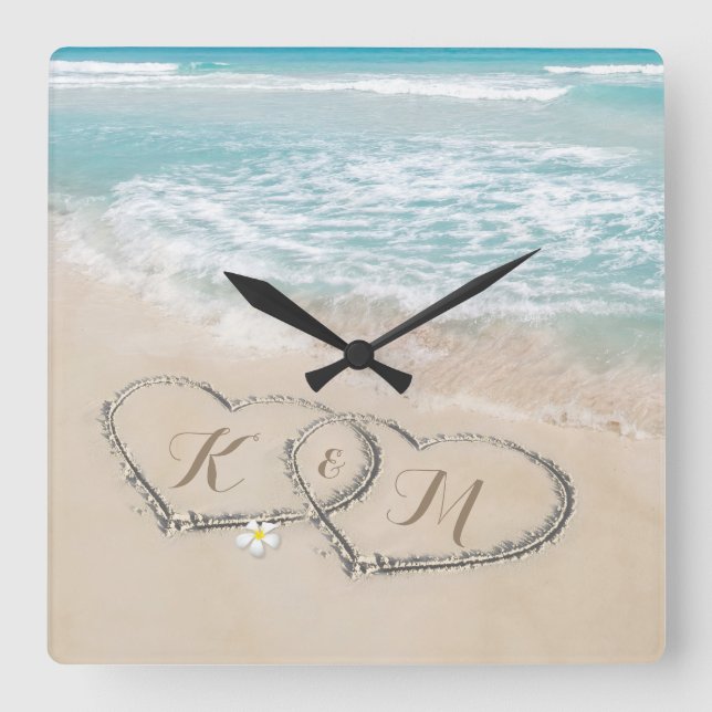 Reloj Cuadrado Monograma de corazón de playa tropical (Anverso)