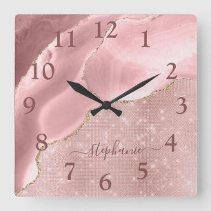 Reloj Cuadrado Monograma de esparkle glam de ácaros rosados de Ru