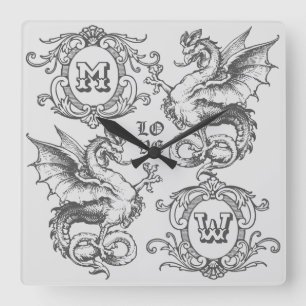 Reloj Cuadrado Monograma de fantasía Dragón medieval