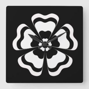 Reloj Cuadrado Monograma de forma de flor blanca negra
