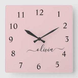 Reloj Cuadrado Monograma de guión rosado de Rubor Nombre Giratori