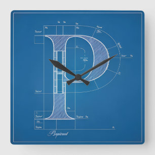 Reloj Cuadrado Monograma de letra P de plano