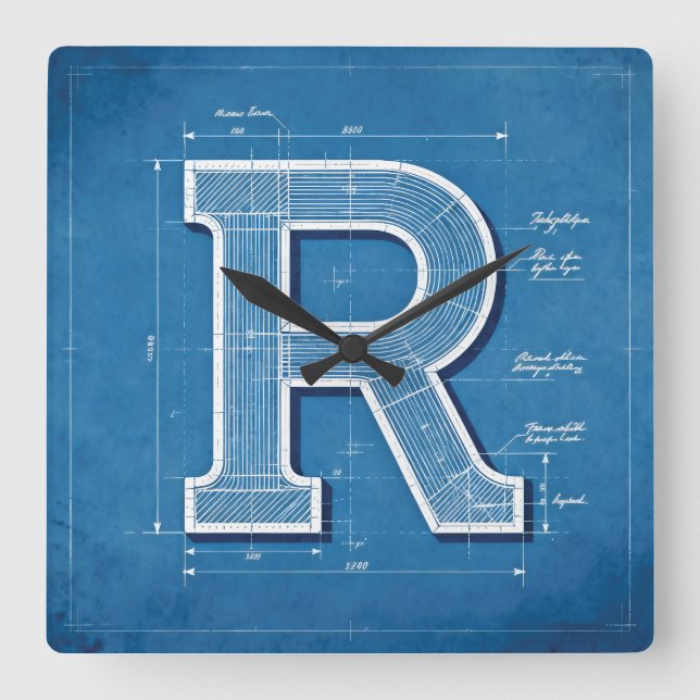Reloj Cuadrado Monograma de letra R de plano (Anverso)