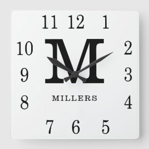 Reloj Cuadrado Monograma De Nombre De Familia En Blanco Y Negro M