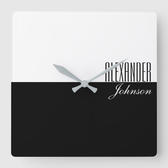 Reloj Cuadrado Monograma de nombres modernos en blanco y negro (Anverso)