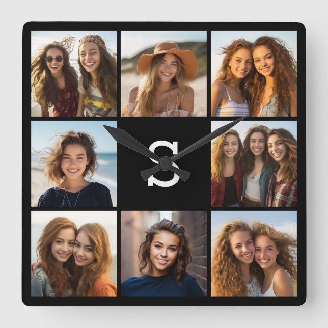 Reloj Cuadrado Monograma de Personalizado de Collage de fotos neg (Anverso)