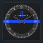 Reloj Cuadrado Monograma de Personalizado delgado de la línea azu<br><div class="desc">Un delgado monograma de línea azul llamado reloj de pared de nombre personalizado.</div>