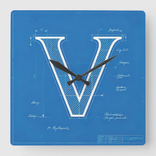 Reloj Cuadrado Monograma de plano de letra V