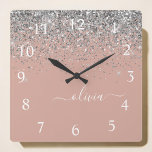 Reloj Cuadrado Monograma de Purpurina rosado Rubor Gold Rosa Girl<br><div class="desc">Oro Rosa - Reloj de nombres de monograma con Purpurina de guion Rubor rosado y plateado. Esto hace que el dulce perfecto cumpleaños 16,  boda,  ducha de novia,  aniversario,  ducha de bebé o fiesta de soltera sea regalo para alguien que ama el lujo glam y los estilos de moda.</div>