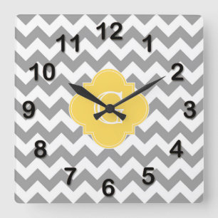 Reloj Cuadrado Monograma de Quatrefoil de Quevron Chevron con gri