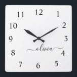 Reloj Cuadrado Monograma del guión blanco negro Nombre de la juga<br><div class="desc">Reloj de nombres de monograma de escritura en blanco y negro. Esto hace que el dulce perfecto cumpleaños 16,  boda,  ducha de novia,  aniversario,  ducha de bebé o fiesta de soltera sea regalo para alguien que ama el lujo glam y los estilos de moda.</div>