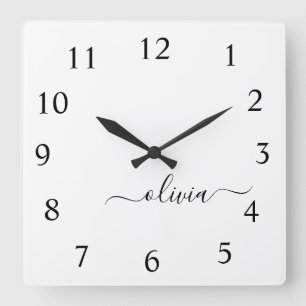 Reloj Cuadrado Monograma del guión blanco negro Nombre de la juga