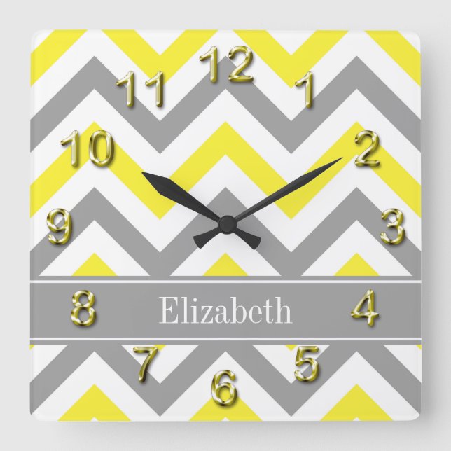 Reloj Cuadrado Monograma del nombre gris de la chevron LG blanco  (Anverso)