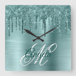 Reloj Cuadrado Monograma Elegante de Hoja de Plata Bruñida
