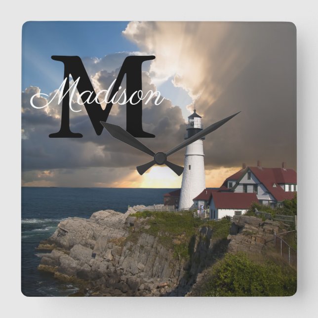 Reloj Cuadrado Monograma Faro de Portland Head Lighthouse Maine P (Anverso)