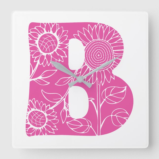 Reloj Cuadrado Monograma floral de la letra mayúscula B (Anverso)