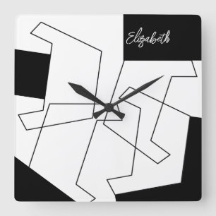 Reloj Cuadrado Monograma Geométrico de Moda en Blanco y Negro