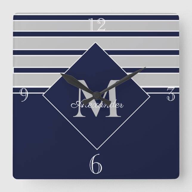 Reloj Cuadrado Monograma gris de la Marina Náutica Moderna  (Anverso)