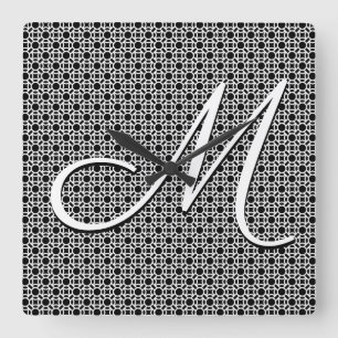 Reloj Cuadrado Monograma inicial geométrico en blanco y negro