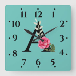 Reloj Cuadrado Monograma Letra inicial A en rosa rosa blanco