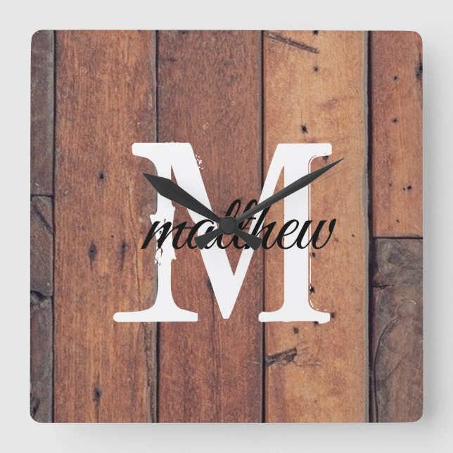 Reloj Cuadrado Monograma marrón rústico de huertas de madera (Anverso)