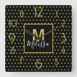 Reloj Cuadrado Monograma moderno de patrón de círculo dorado negr