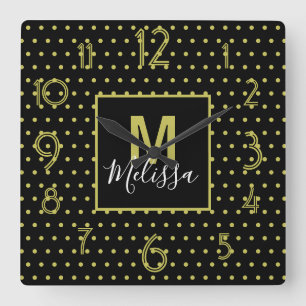 Reloj Cuadrado Monograma moderno de patrón de círculo dorado negr