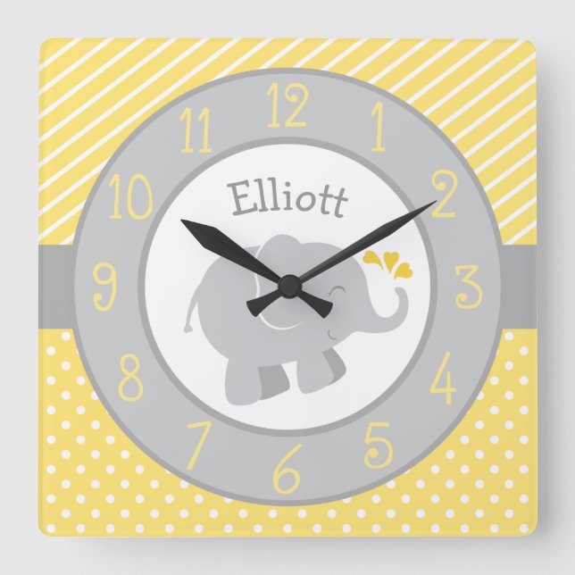 Reloj Cuadrado Monograma moderno Personalizado elefante amarillo  (Anverso)