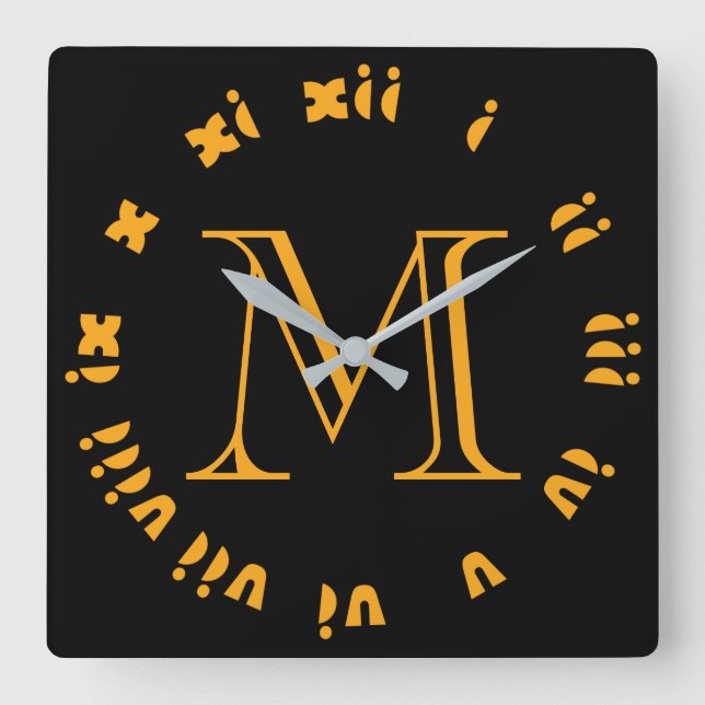 Reloj Cuadrado Monograma Naranja Grasa Números romanos en blanco  (Anverso)