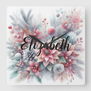Reloj Cuadrado Monograma Navidades de color pastel floral
