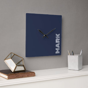 Reloj Cuadrado Monograma Nombre Azul Oscuro Blanco Rayas Modernas