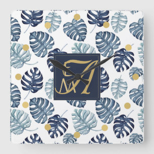 Reloj Cuadrado Monograma Palma Tropical Azul Marino Dorado Bodas