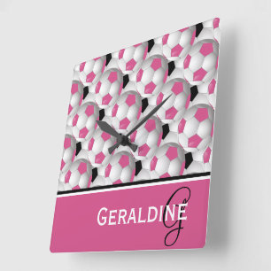 Reloj Cuadrado Monograma Patrón negro rosado de bola de fútbol