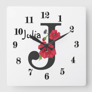Reloj Cuadrado Monograma personalizado editable J texto flor roja