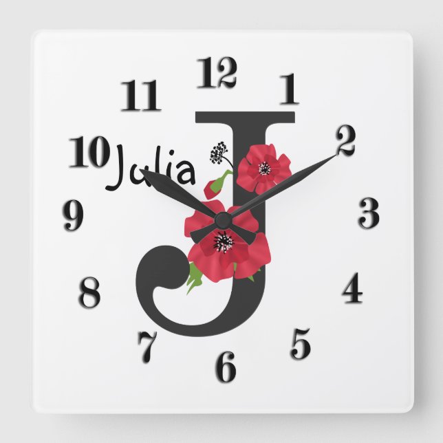 Reloj Cuadrado Monograma personalizado editable J texto flor roja (Anverso)