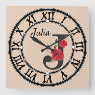 Reloj Cuadrado Monograma personalizado editable J texto flor roja