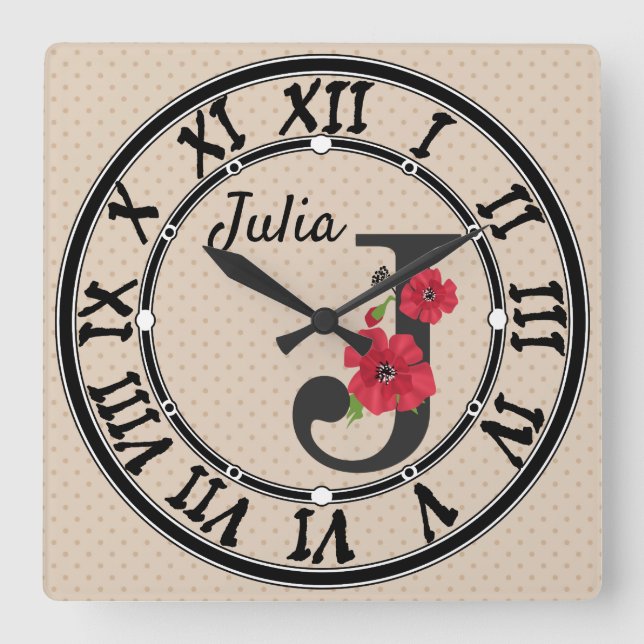Reloj Cuadrado Monograma personalizado editable J texto flor roja (Anverso)