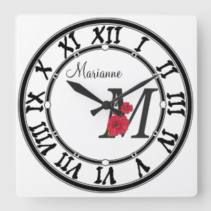 Reloj Cuadrado Monograma personalizado editable M texto flor roja
