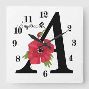 Reloj Cuadrado Monograma personalizado editable Un texto flor roj