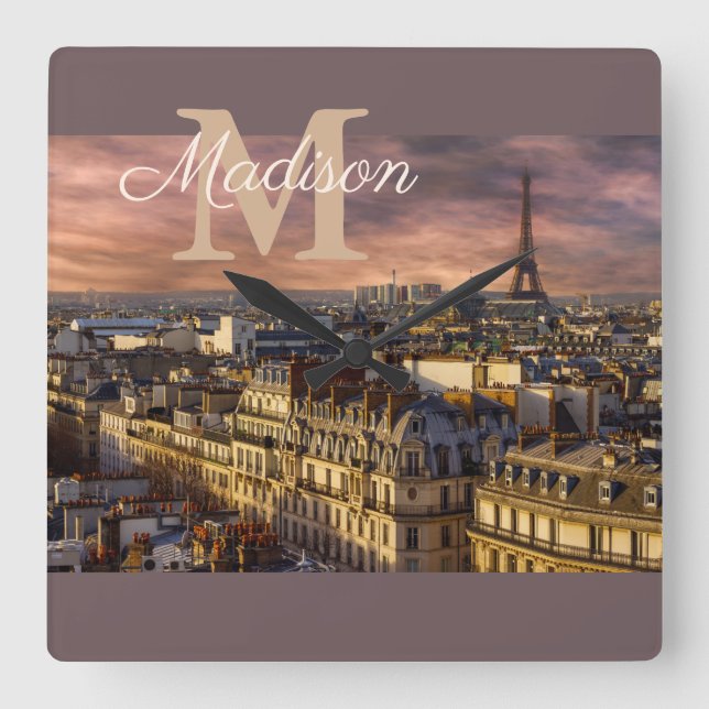 Reloj Cuadrado Monograma púrpura París Francia Torre Eiffel Foto (Anverso)