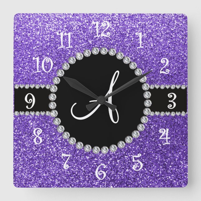 Reloj Cuadrado Monograma purpurina morado círculo negro de diaman (Anverso)