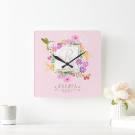 Reloj Cuadrado Monograma rosa del jardín floral