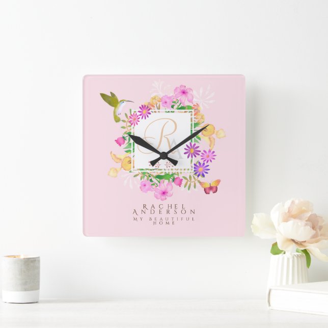 Reloj Cuadrado Monograma rosa del jardín floral (Hogar)