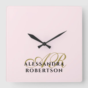 Reloj Cuadrado Monograma Rosa Pastel Dorado Negro Minimalista Mod