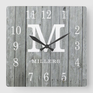 Reloj Cuadrado Monograma rústico personalizado de granja de made