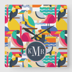 Reloj Cuadrado Monograma tropical geométrico de los pájaros el  